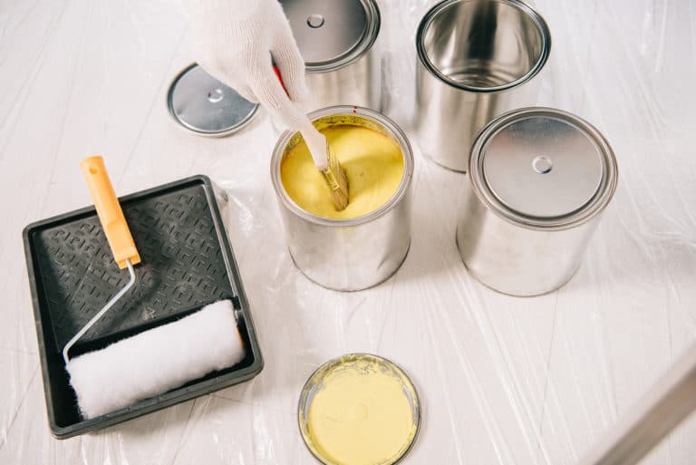 Paint cans with a roller and brush