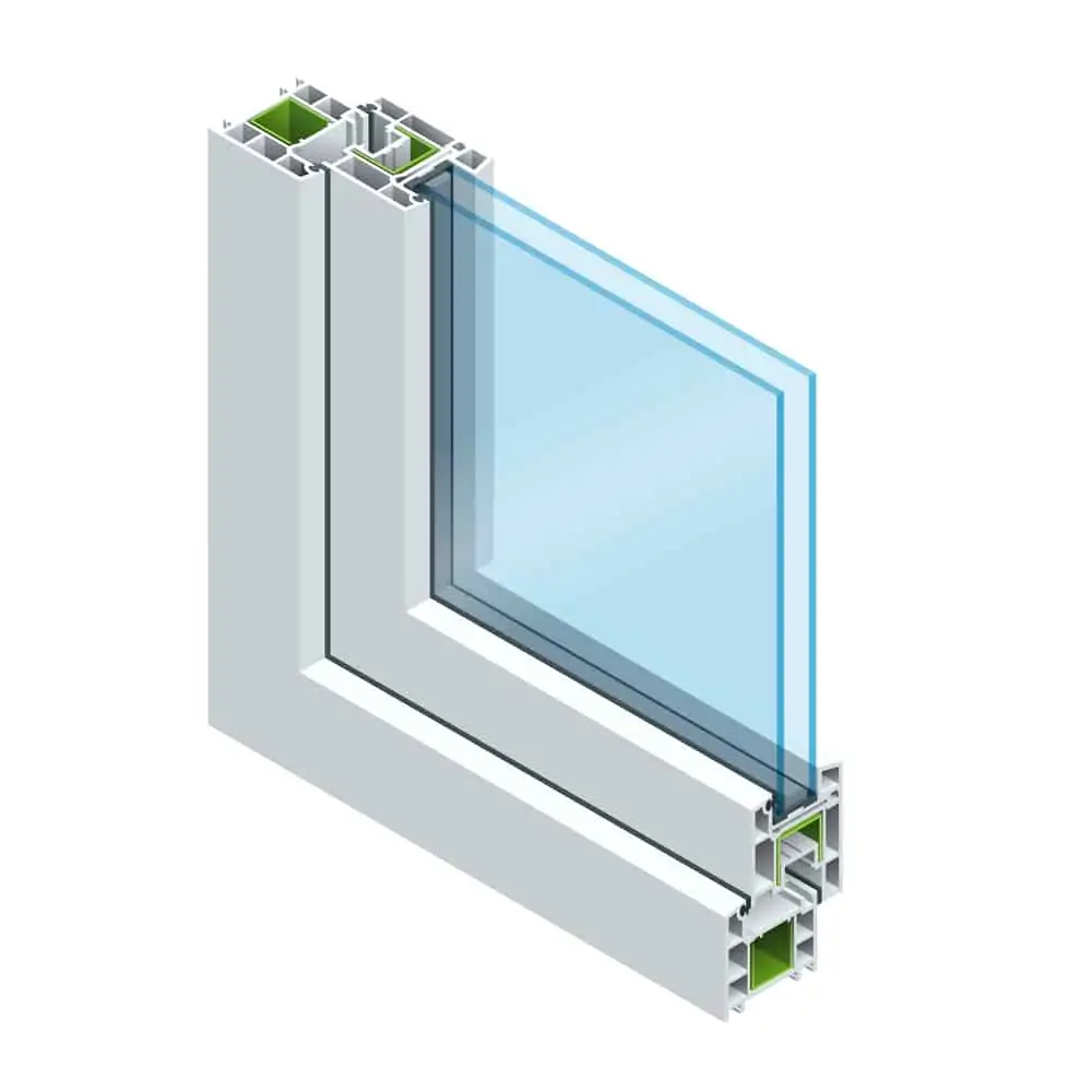 Isometric Cross section through a window pane PVC profile laminated wood grain, classic white. Flat vector illustration of Cross-section diagram of glazed windows