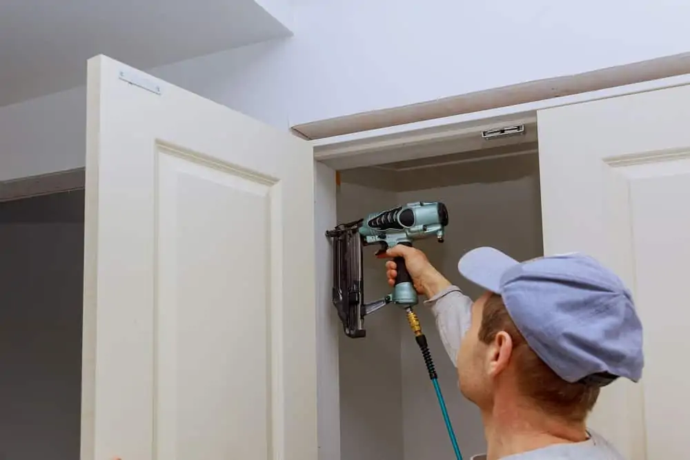 Installation of interior room doors using a air nail pneumatic gun