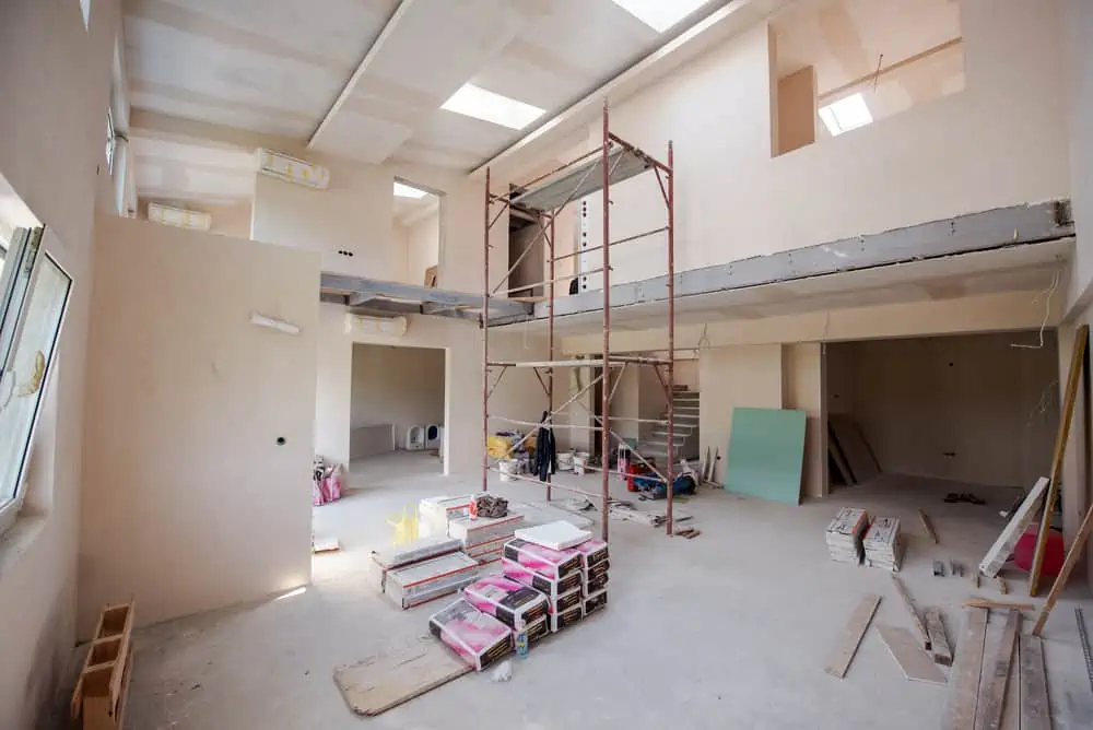 interior of construction site with scaffolding