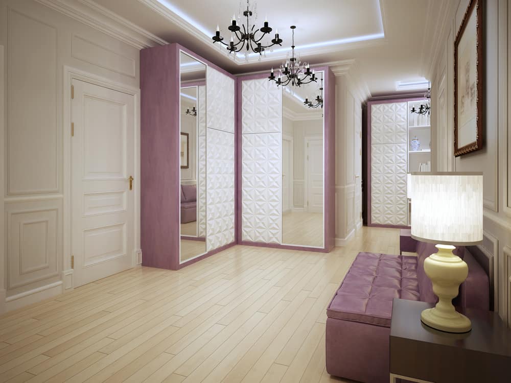 Spacious entrance art nouveau design. Modern without being stark interior of hallway with purple furniture and light wood flooring. 3D render