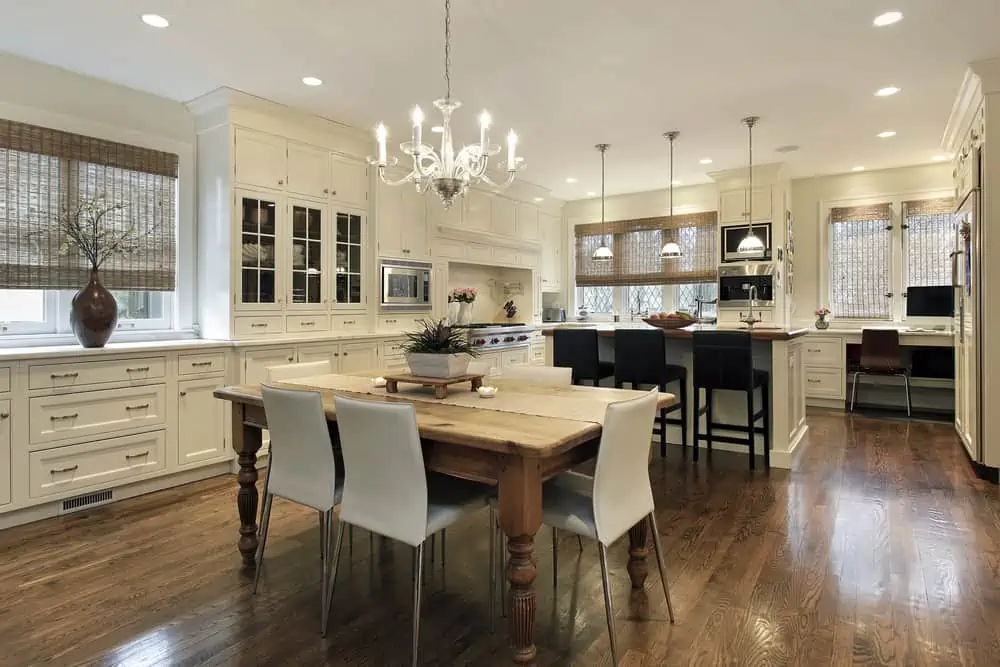 Kitchen in luxury home with white cabinetry