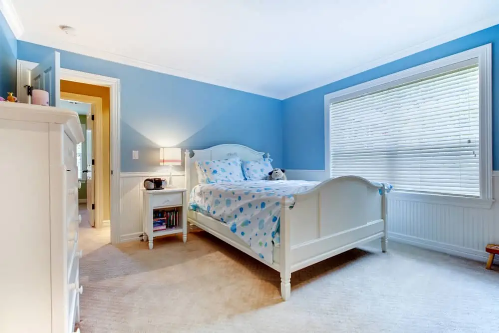 Blue girls kids bedroom interior.