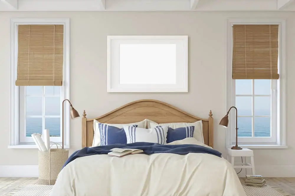 Bedroom in coastal style. Interior and frame mockup. 3d render.