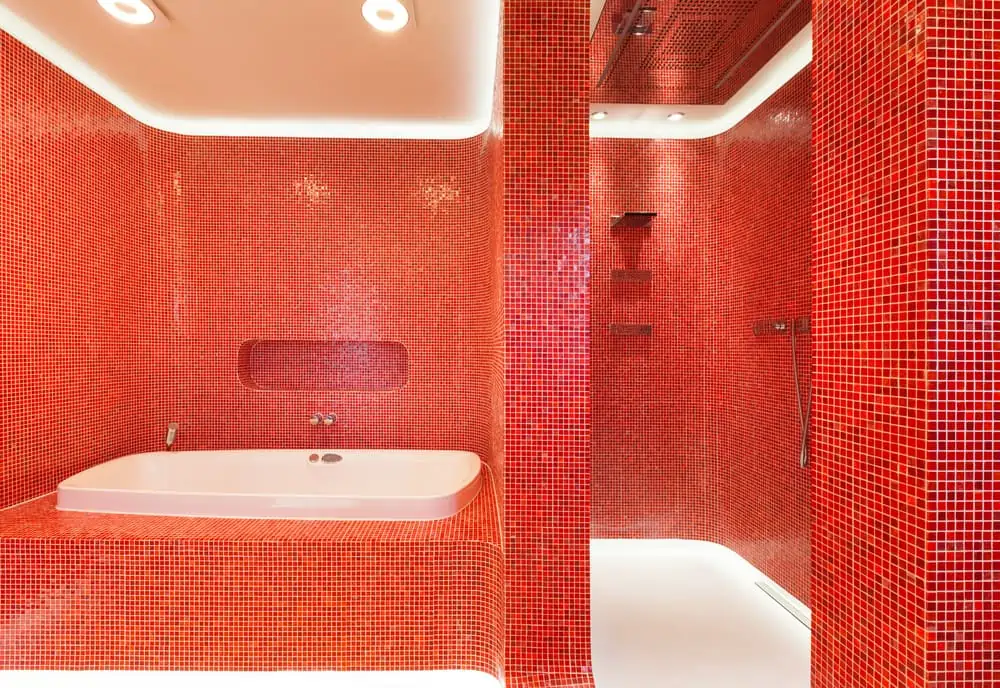 interior of a modern house, red bathroom