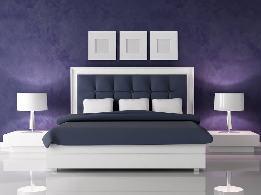 fashio white and navy blue bedroom against dark purple stucco wall - rendering