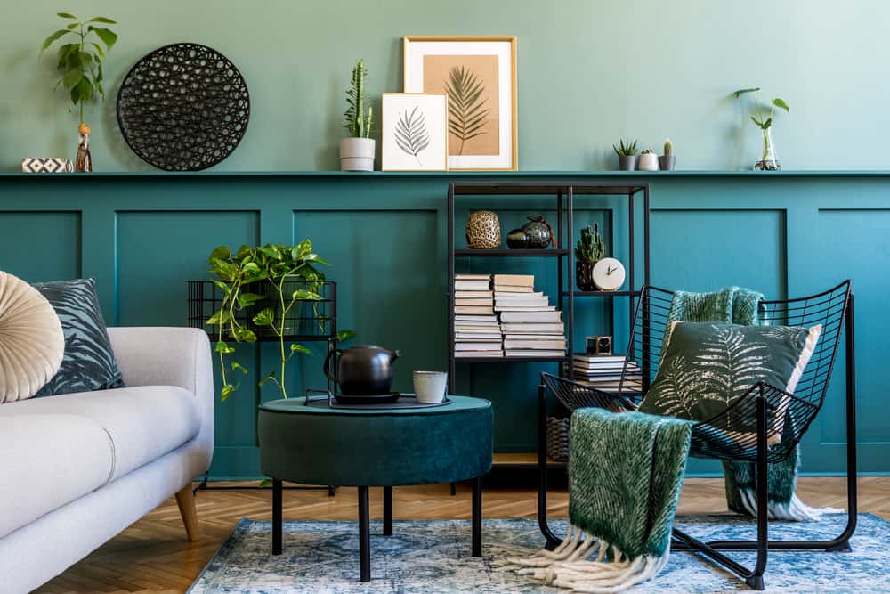 green living room with cozy interior