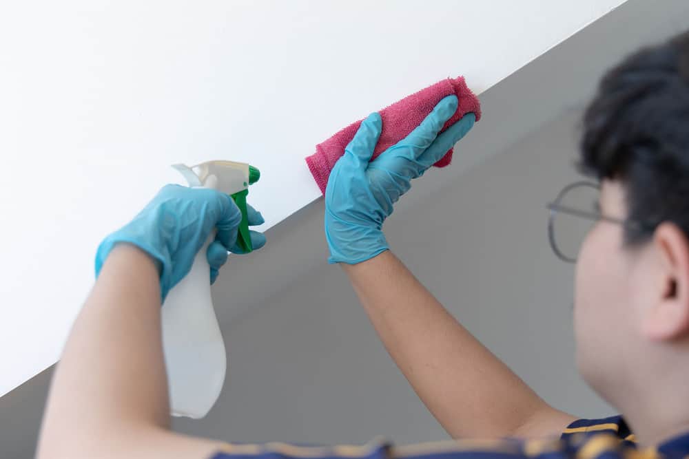 Employee's hands were wiping the white walls, use a towel moistened with cleaning solution to rub the wall, Text fill area, White background, Eliminate germs during the virus outbreak.