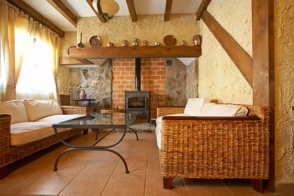 View of a cozy old living room with fireplace