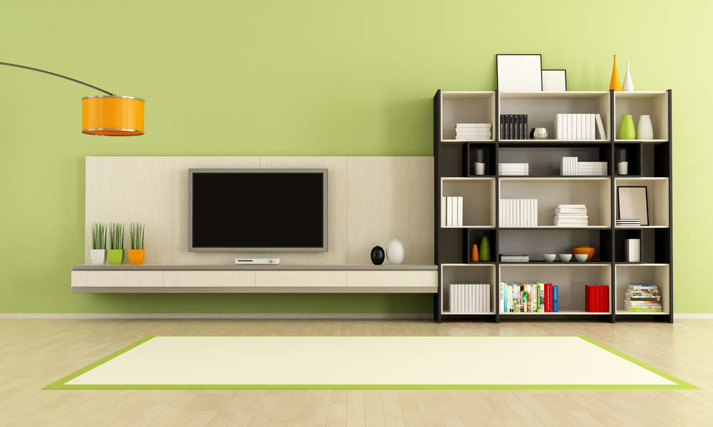green living room with tv stand and bookcase - rendering