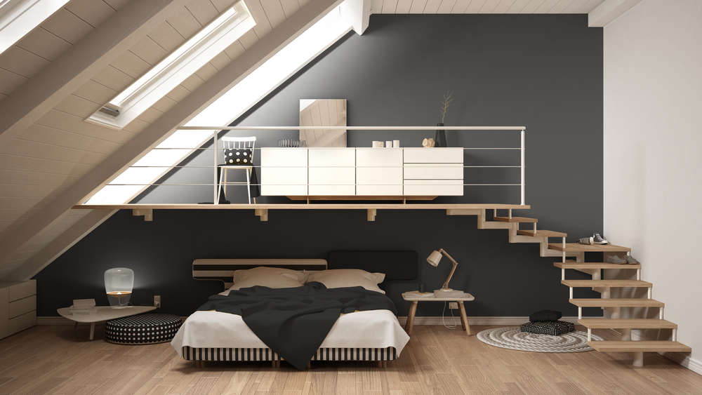 Loft mezzanine scandinavian minimalist bedroom, gray classic interior design