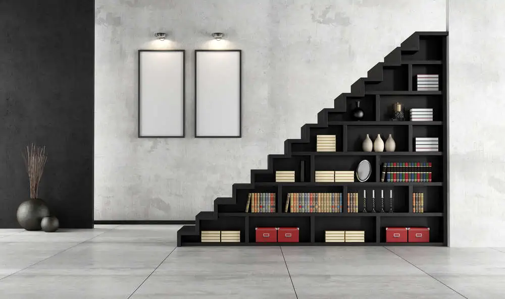 Minimalist Living room with a wooden staircase and bookcase - rendering