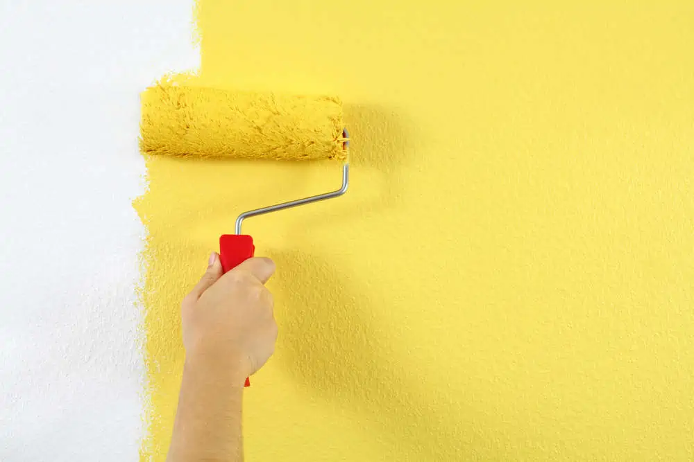 Photo of a female painting a wall with a roller and yellow paint.