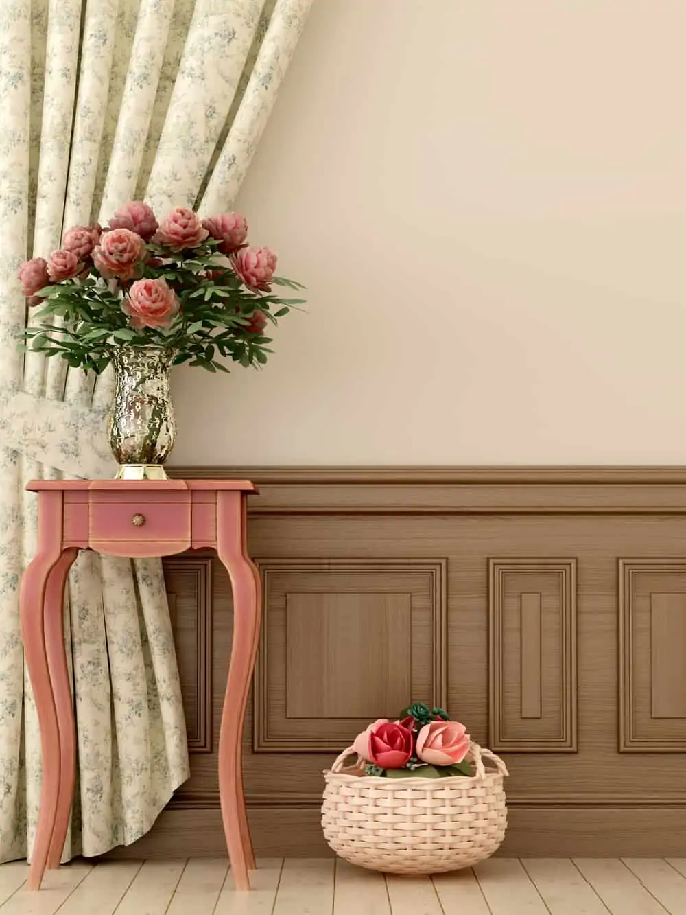 Composition in the style of Provence, consisting of antique pink console and flowers against of curtains and beige walls