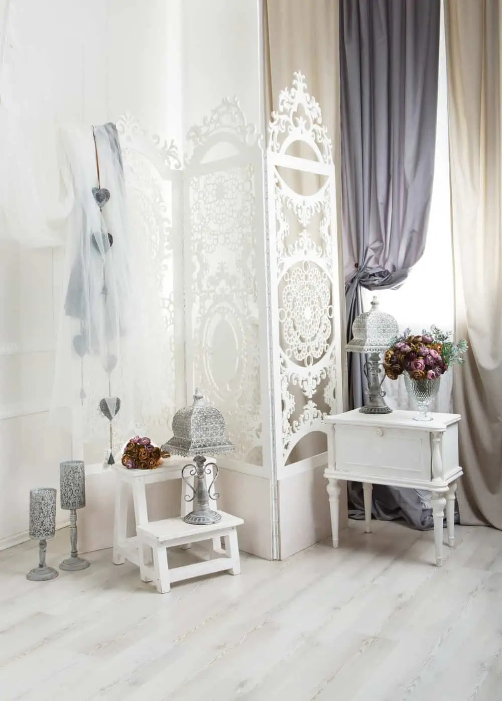 shabby chic white room interior, wedding decor