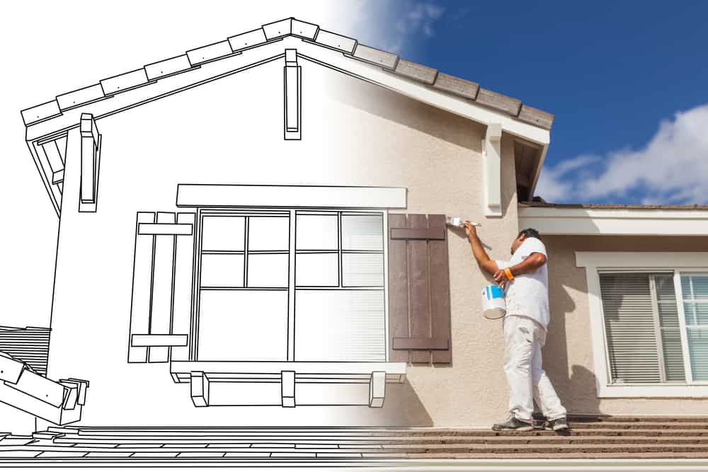 Split Screen of Drawing and Photo of Busy House Painter Painting Home.