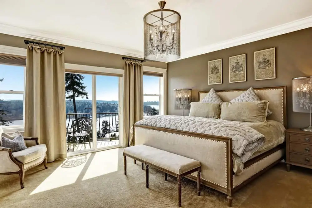 Luxury bedroom interor with scenic view from deck