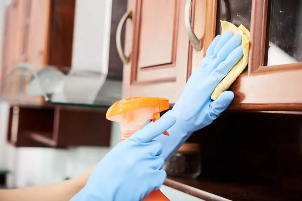 Hands of woman spraying and wiping kitchen cabinets