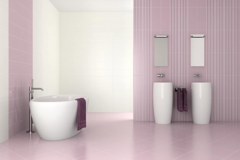 purple modern bathroom with double basin and bathtub - 3D render