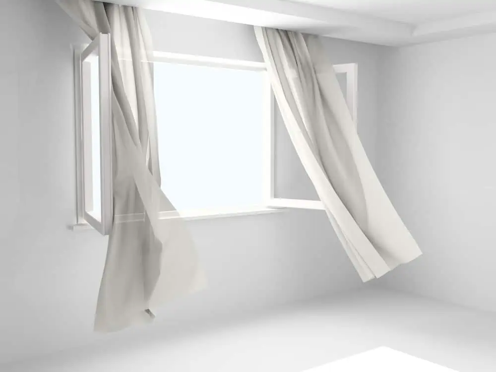 Window with the curtains developed by a wind.