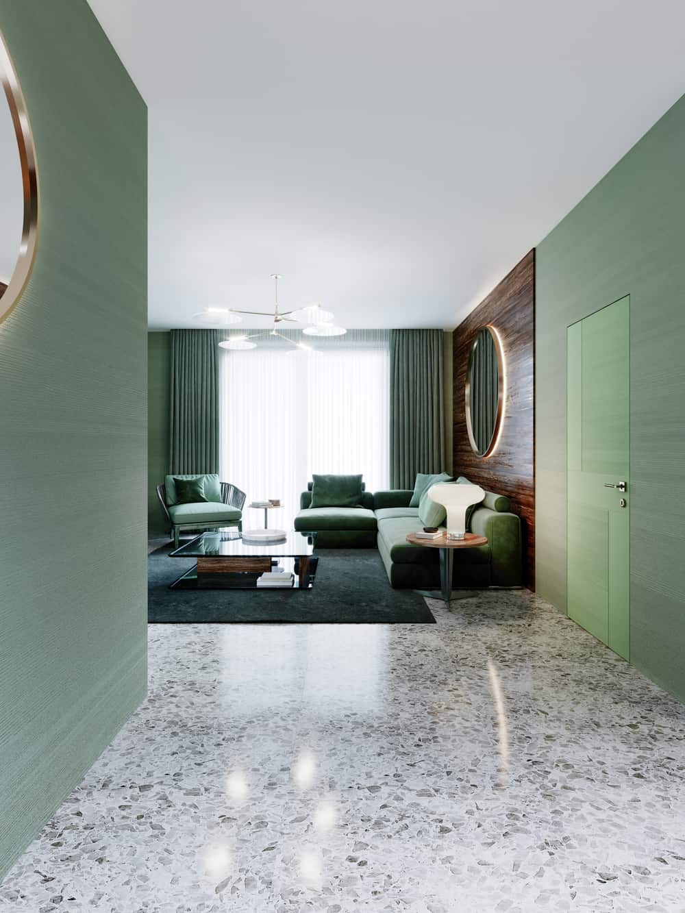 Passage from the corridor to the living room, interior in green colors. 3D rendering.