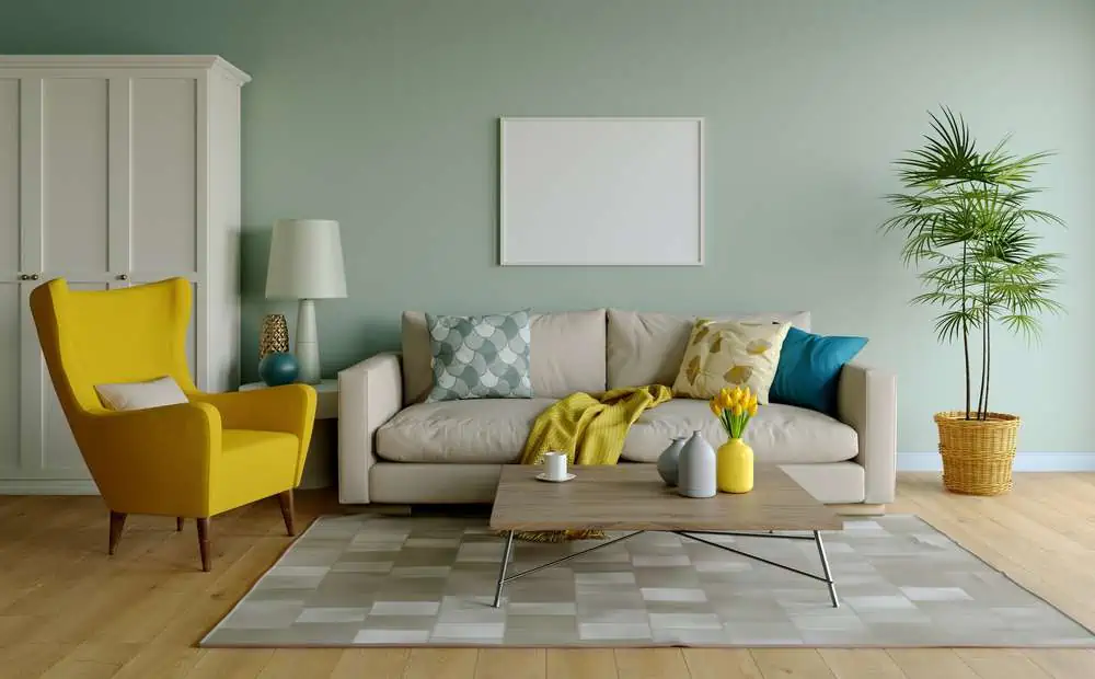 3D visualization of the living room interior. Pastel colors in the living room with an accent on the yellow armchair. Cozy room in warm colors.