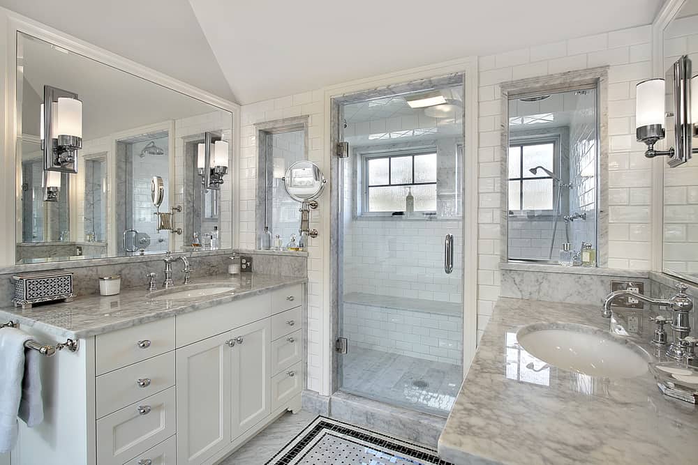 Master bath in luxury home with windowed shower