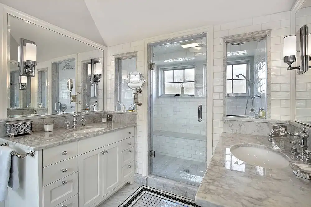 Master bath in luxury home with windowed shower