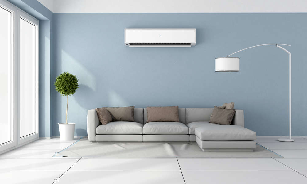 Blue living room with gray sofa and air conditioner on wall - 3D Rendering
