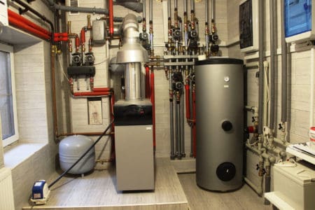 life comfort, Autonomous heating system in the boiler room. small boiler, water heater, expansion tank and other pipes, selective focus.