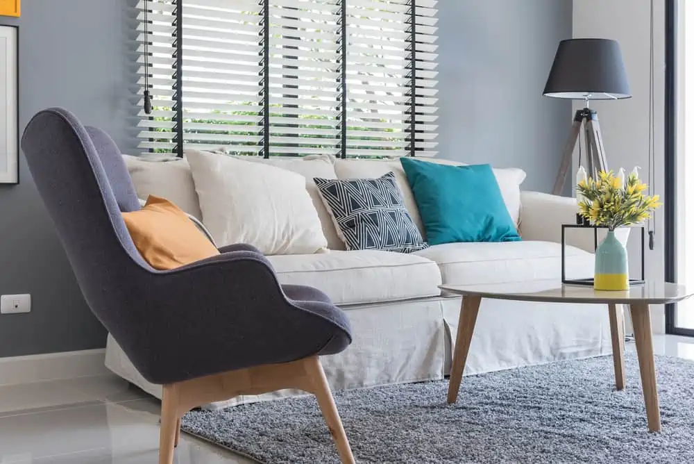 modern living room with modern chair and sofa with vase of plant