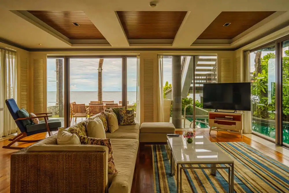 interior and decoration of living room of beach front bungalow of seaside resort and hotel at Huahin Thailand