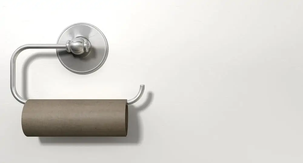 An emptied roll of toilet paper hanging on a chrome toilet roll holder on an isolated white textured background