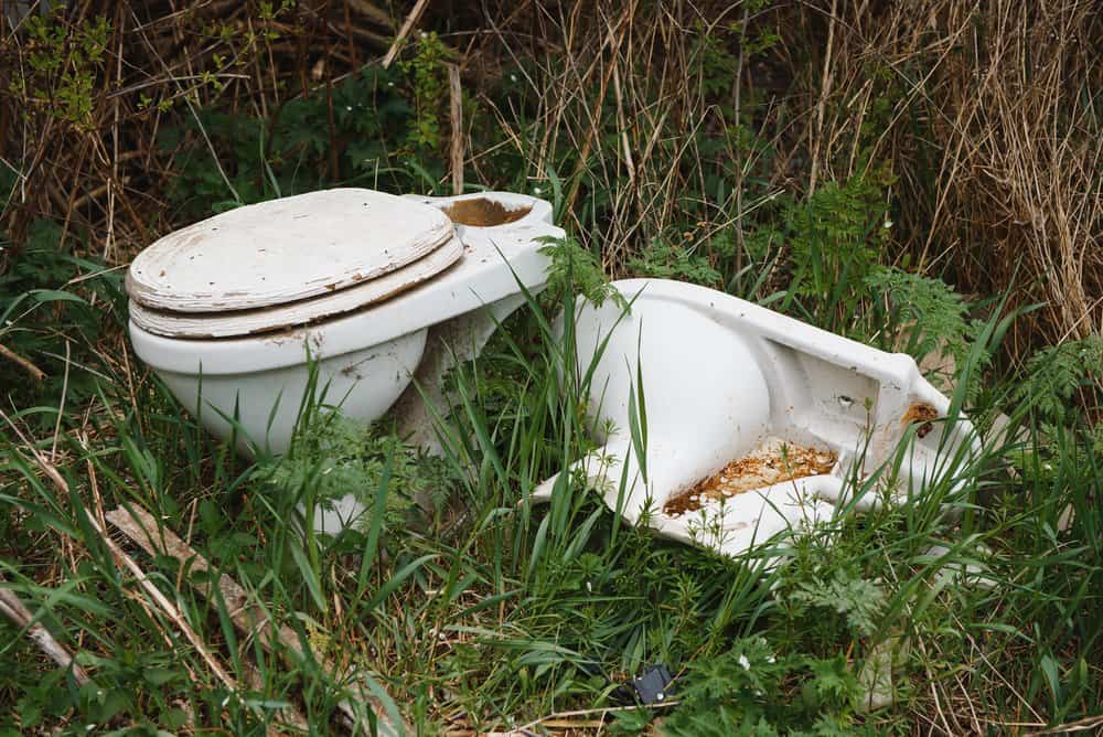 Old toilet bowl lying discarded on the nature in forest