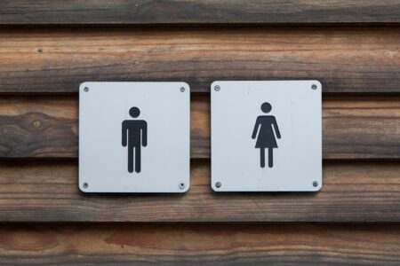 Man and a lady toilet metal sign on wood