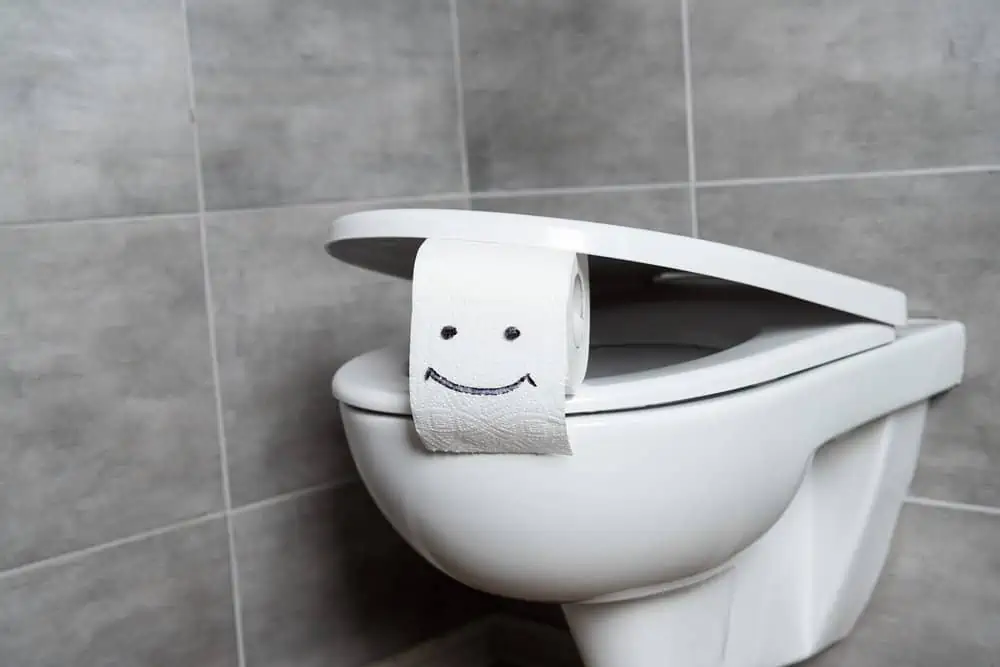 Tissue with smiley face on wall-hung toilet