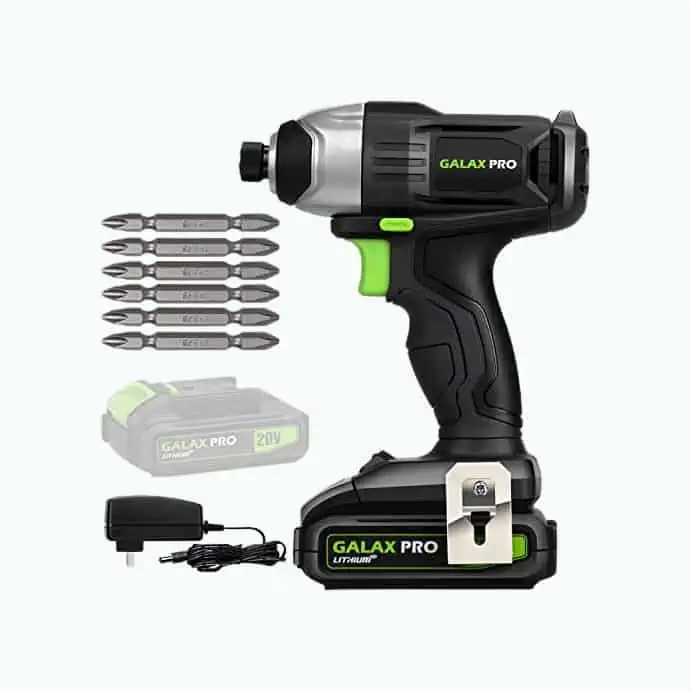 Product Image of the GALAX PRO Impact Driver 20 V Lithium Ion 1/4' Hex Cordless Driver with LED Work Light, 6 Pieces Screwdriver Bits, Variable Speed (0-2800 RPM)- 1.3 Ah Battery and Charger Included