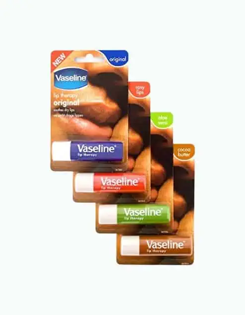 Product Image of the Vaseline Lip Therapy Stick with Petroleum Jelly (Original, Aloe Vera, Rosy Lips, Cocoa Butter)- 4pk